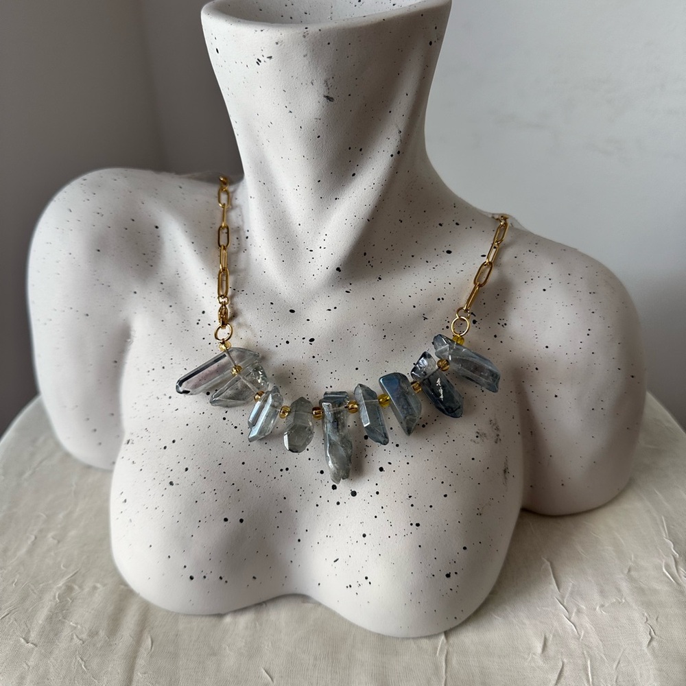 18K GOLD PLATED PAPERCLIP NECKLACE SMOKEY BLUE QUARTS 20.75” - Picture 4 of 7